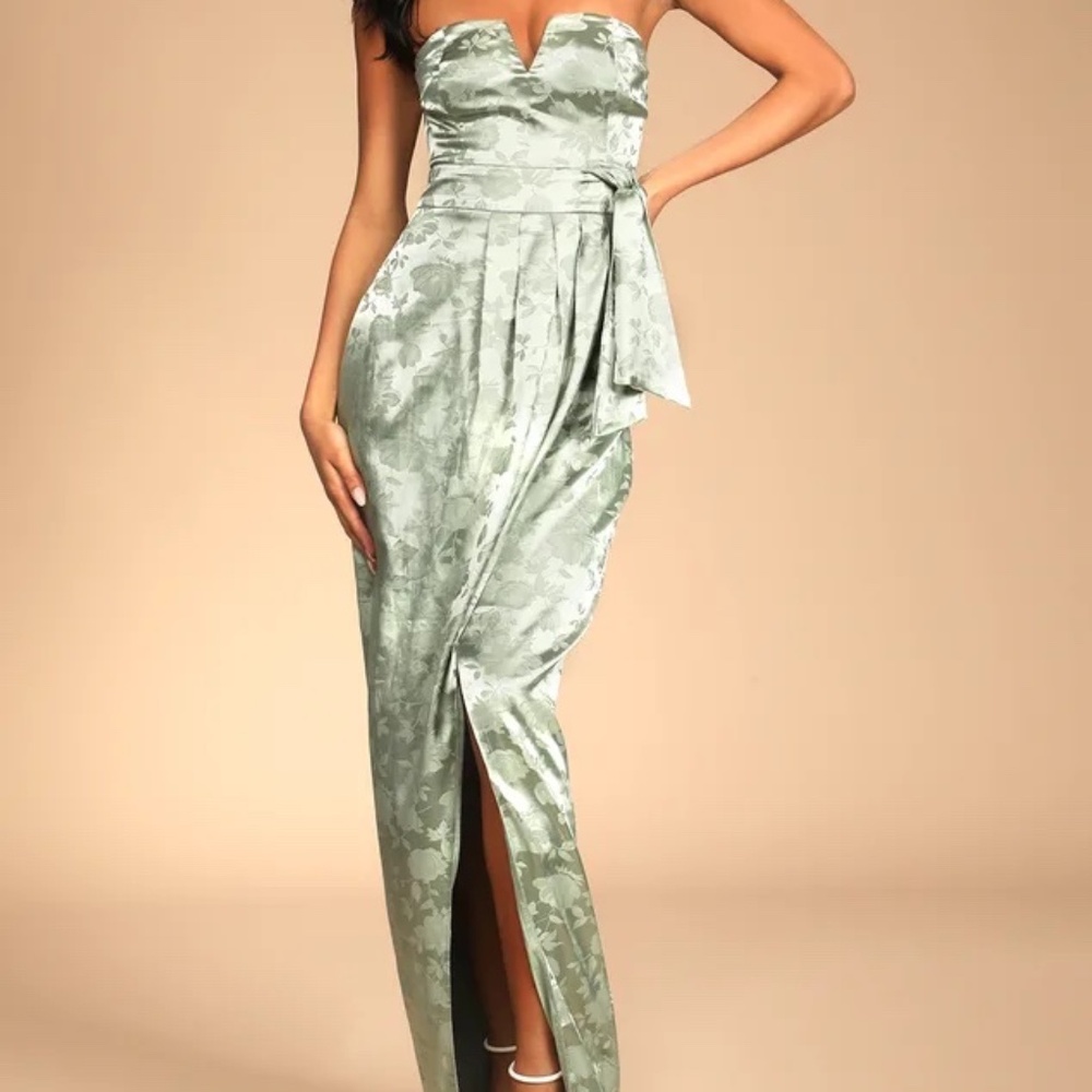 Easy Elegance Sage Floral Jacquard Satin Strapless Maxi Dress